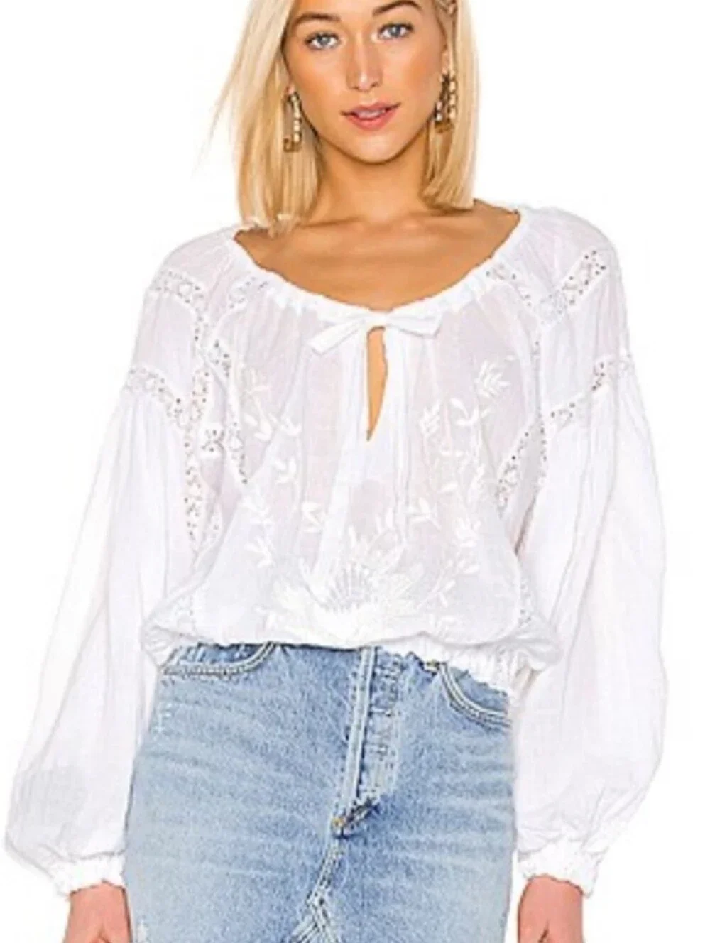 Free People Maria Maria White Top Drawstring Neck Sz M Like New
